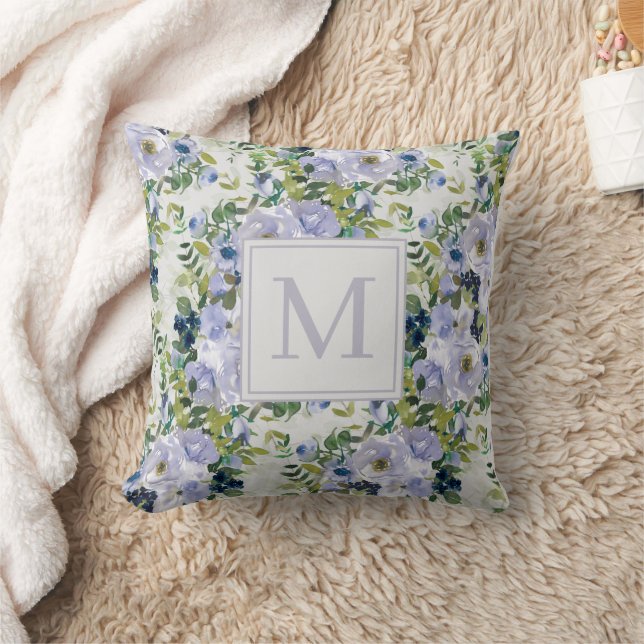 Coussin Joli Dusty Blue Navy Floral Blanc Monogramme (Couverture)