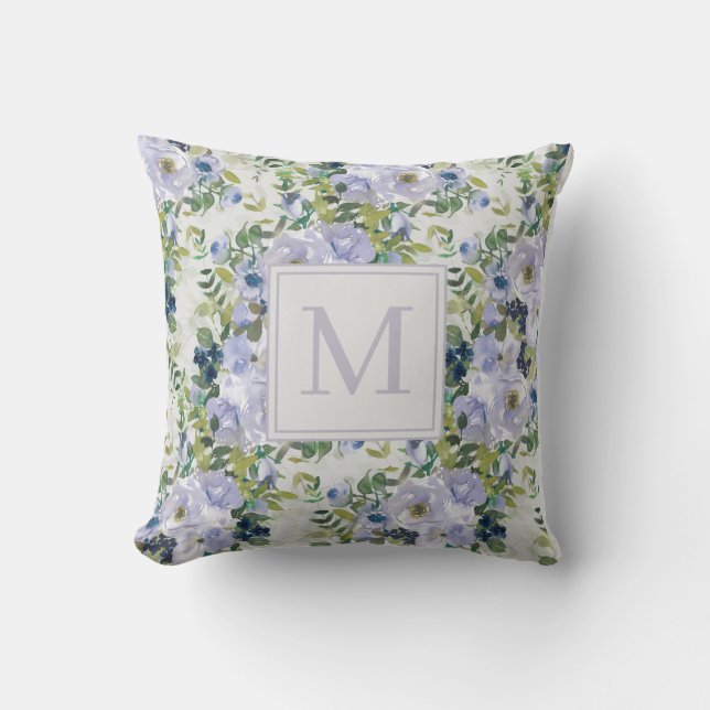 Coussin Joli Dusty Blue Navy Floral Blanc Monogramme (Recto)