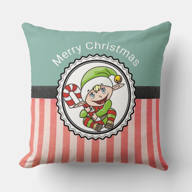 Coussin Joli elfe de Noël avec Sucre de canne Joyeux Noël (Recto)