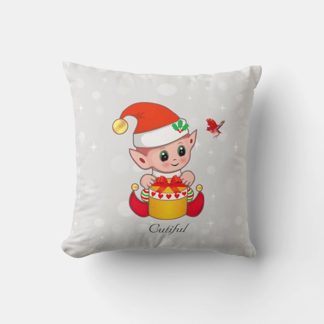 Coussin Joli elfe de Noël et oiseau rouge cardinal sur arg (Recto)
