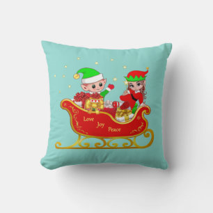Coussin Joli elfe sur traîneau de Noël sur sarcelle