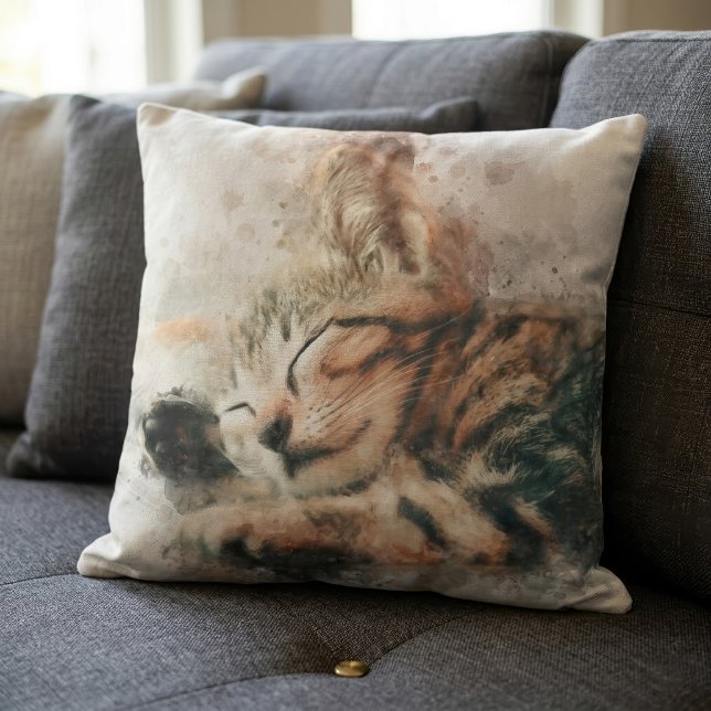 Coussin Joli et mignon chaton dormant à l'aquarelle (Beautiful and cute kitten sleeping watercolor. throw pillow )