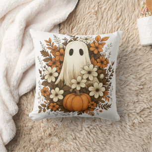 Coussin Joli Fantôme avec Citrouille et Fleurs d'Automne –