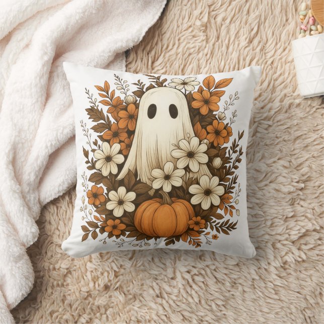 Coussin Joli Fantôme avec Citrouille et Fleurs d'Automne – (Couverture)