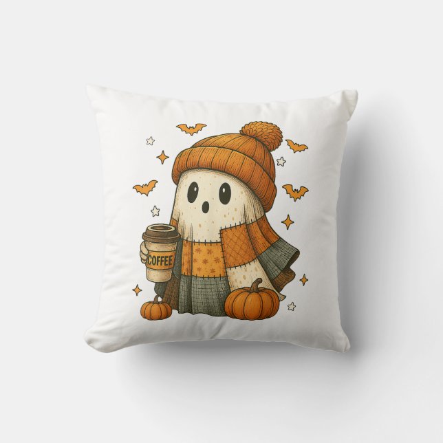 Coussin Joli Fantôme Buvant du Café Halloween  (Recto)