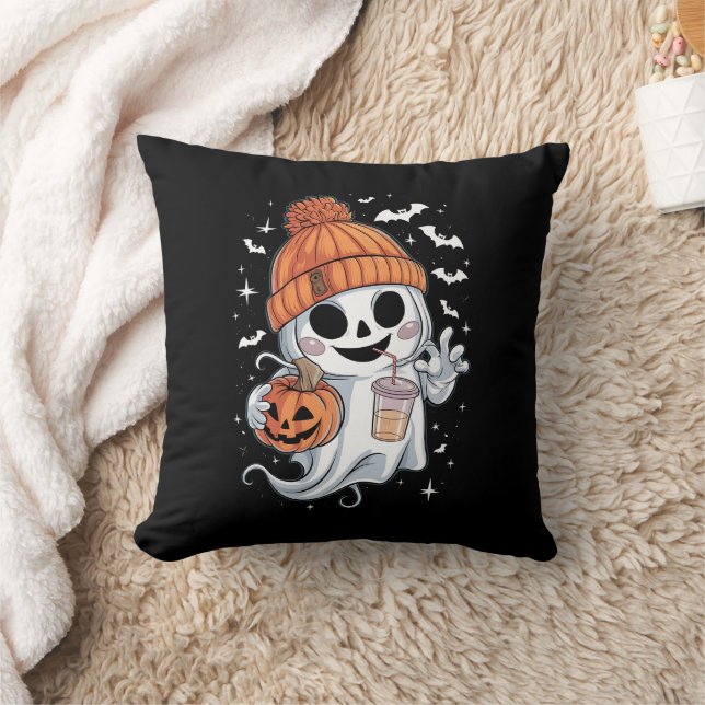 Coussin Joli Fantôme Buvant du Café Halloween Café Glacé (Couverture)
