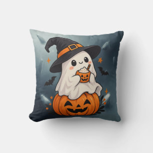 Coussin Joli fantôme de Halloween sorcière avec citrouille