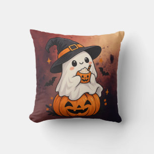 Coussin Joli fantôme de Halloween sorcière avec citrouille