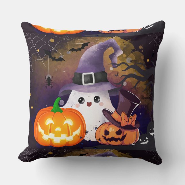 Coussin Joli fantôme d'Halloween avec chapeau de sorcière  (Recto)