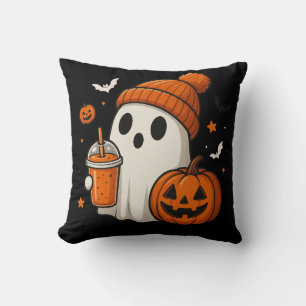 Coussin Joli fantôme d'Halloween avec citrouille et boisso