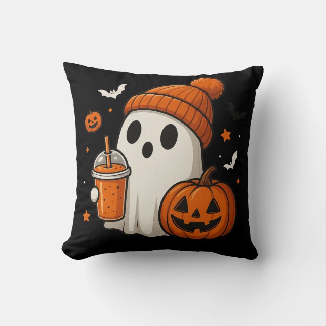 Coussin Joli fantôme d'Halloween avec citrouille et boisso (Recto)