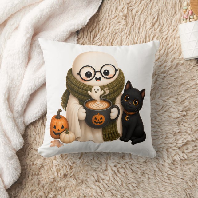 Coussin Joli fantôme d'Halloween confortable avec chat noi (Couverture)