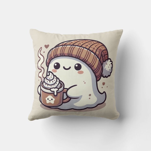 Coussin Joli fantôme d'Halloween en bonnet d'automne et ca (Verso)