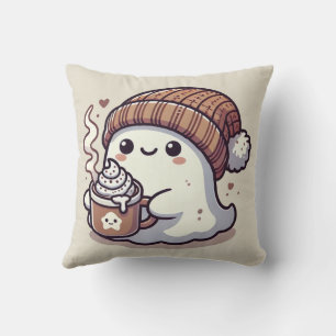 Coussin Joli fantôme d'Halloween en bonnet d'automne et ch