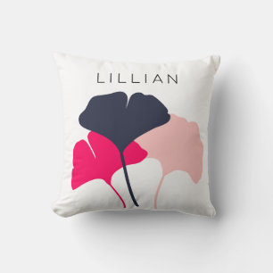 Coussin Joli Feuille personnalisé Navy Blue & Pink Ginkgo