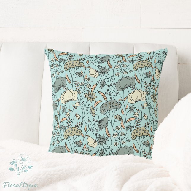 Coussin Joli Fleur sauvage Meadow Pastel Blue Floral Desig (Créateur téléchargé)