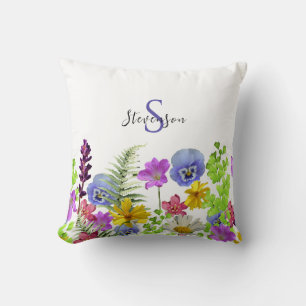 Coussin Joli Fleur sauvage Nom personnalisé et Monogramme