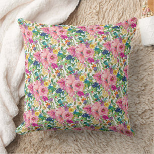 Coussin Joli floral aquarelle rose bleu jaune féminin
