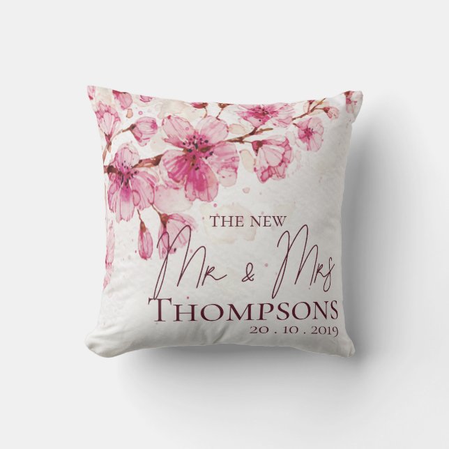 Coussin Joli floral aquarelle rose mariage Mlle et Mr nouv (Recto)