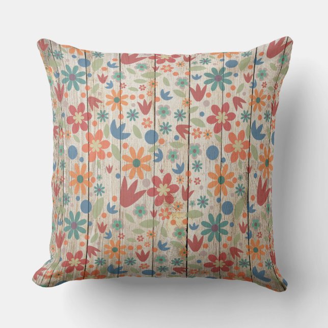 Coussin Joli floral rouge orange bleu sur bois blanc (Recto)