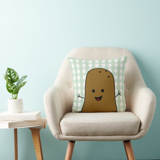 Coussin Joli Gingham Brun Vert de Pommes de Terre Heureux (Chaise)