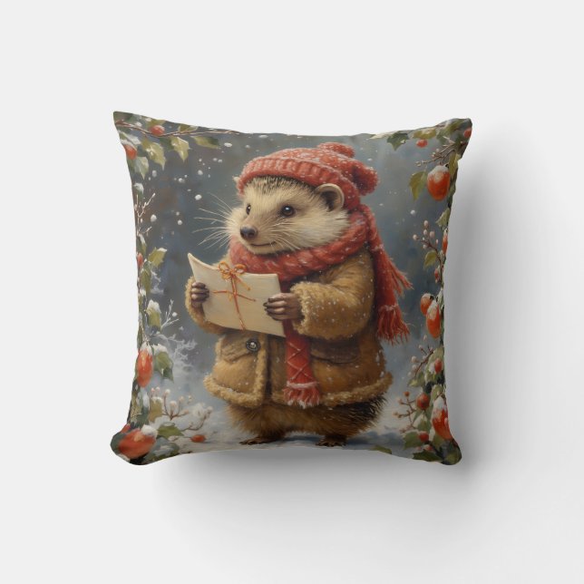 Coussin Joli hérisson de Noël de style vintage (Recto)
