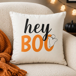Coussin Joli Hey Boo Orange Fantôme Blanc Halloween