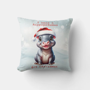 Coussin Joli Hippopotame Santa Hat Snowy Noël