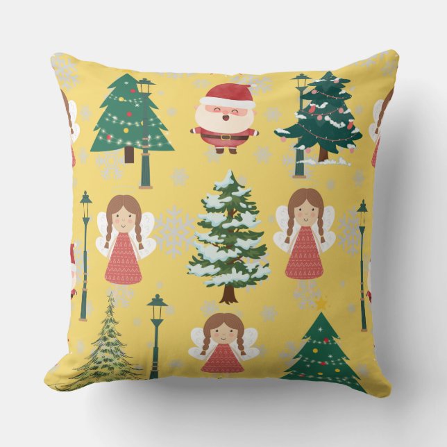Coussin Joli jaune motif Xmas girly l Père Noël et arbres (Recto)