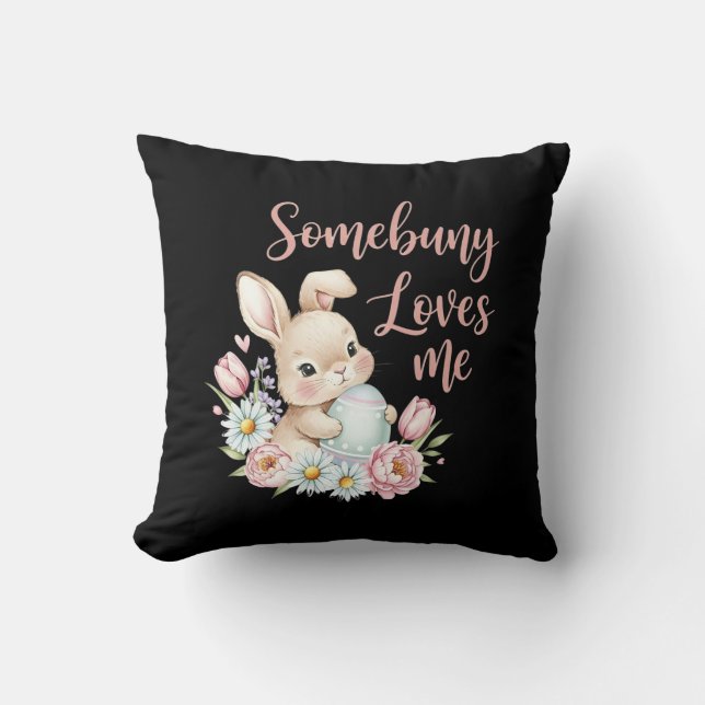 Coussin Joli lapin à l'aquarelle Œuf de Pâques et fleurs  (Recto)