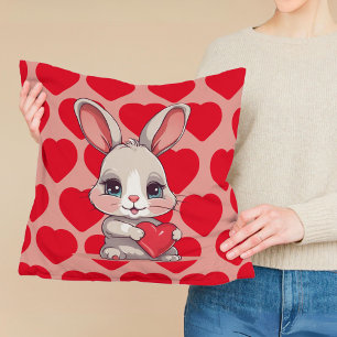 Coussin Joli Lapin aux Cœurs Rouges Saint-Valentin Amour