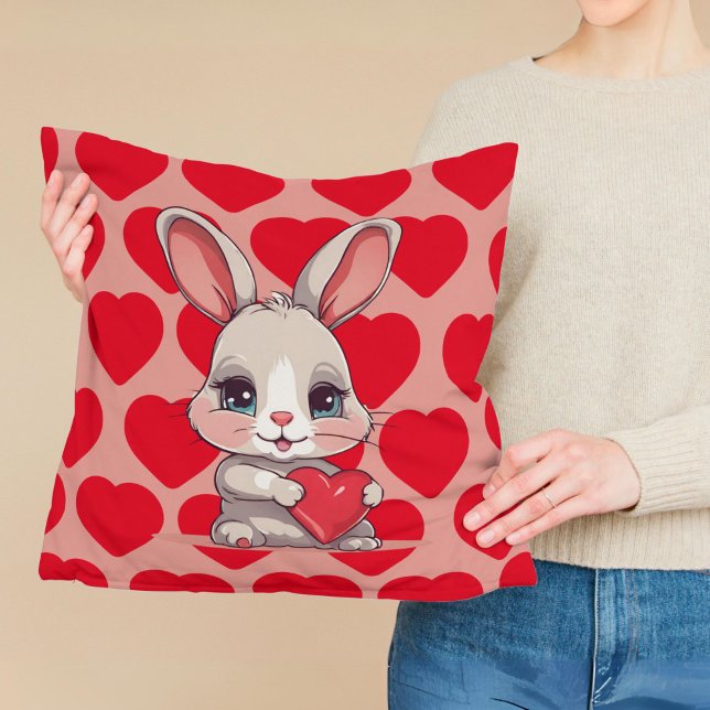 Coussin Joli Lapin aux Cœurs Rouges Saint-Valentin Amour (Créateur téléchargé)