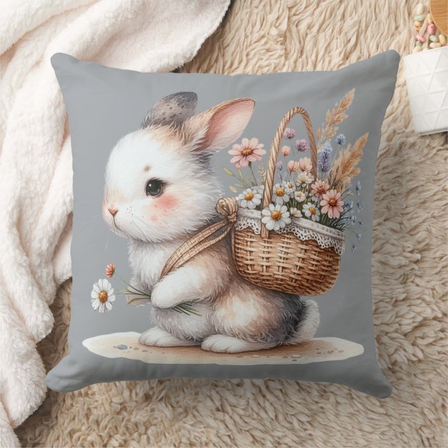 Coussin Joli lapin aux fleurs Aquarelle Art (Couverture)