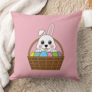 Coussin Joli lapin blanc coloré Pâques Panier de chasse au