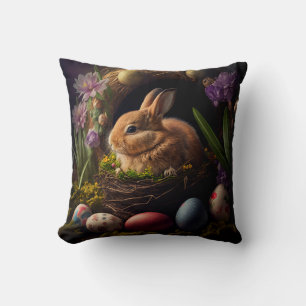Coussin Joli lapin de Pâques dans un nid avec des œufs aut