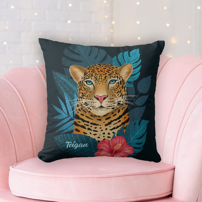 Coussin Joli Léopard de la Jungle Art Floral | Noir | Nom (Créateur téléchargé)