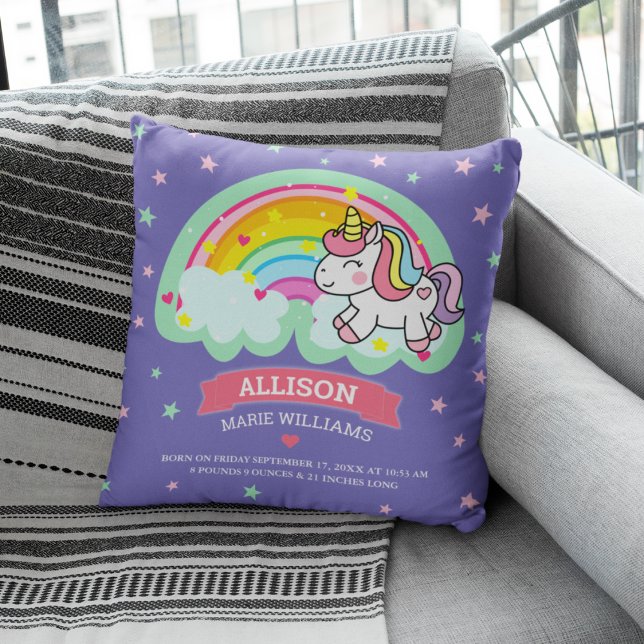 Coussin Joli Licorne Arc-en-Ciel Statistiques de Naissance (Créateur téléchargé)