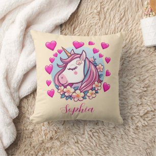 Coussin Joli licorne, cœurs roses et fleurs, nom, crème
