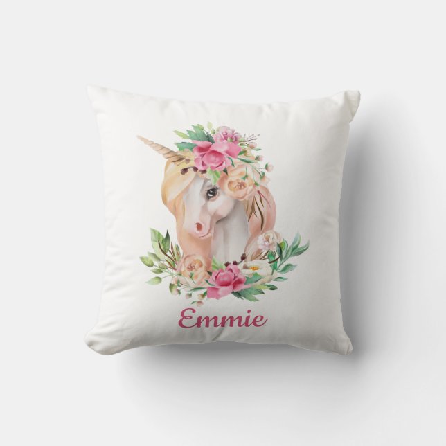Coussin Joli Licorne Fleurs Roses Nom de l'Enfant Personna (Recto)