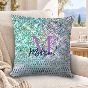 Coussin Joli licorne turquoise faux monogramme pailleté