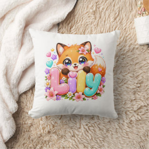 Coussin Joli Lily Fox Kawaii Nom Fleur pastel Rose Bois