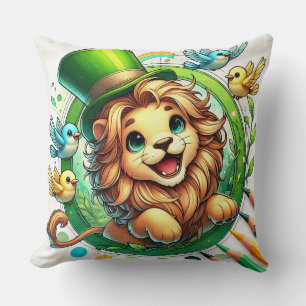 Coussin Joli lion de dessin animé avec chapeau vert
