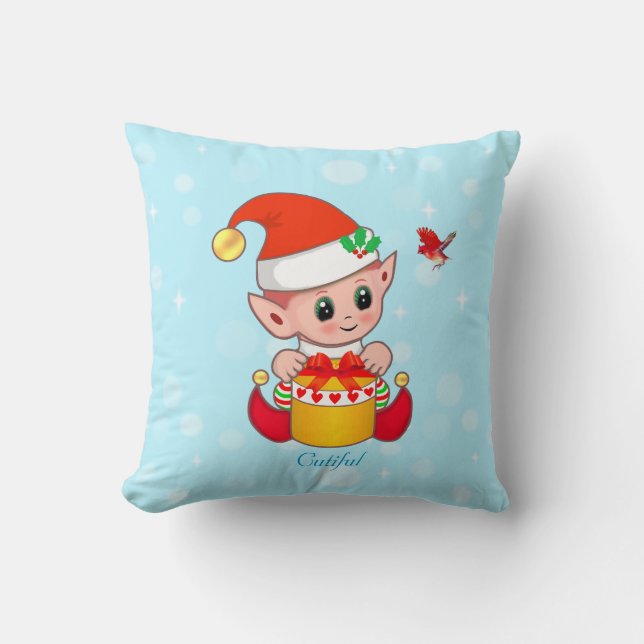 Coussin Joli Lutin de Noël et Cardinal sur Turquoise (Recto)