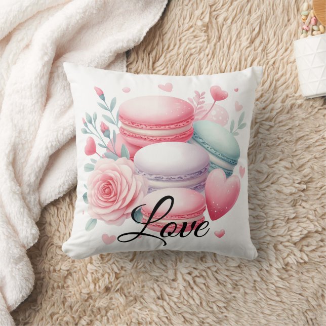 Coussin Joli Macaron Rose et Blanc & Cœurs Amour (Couverture)
