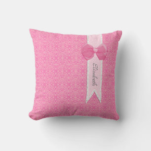 Coussin Joli Médaillon rose Damask Mignonne Bow avec nom