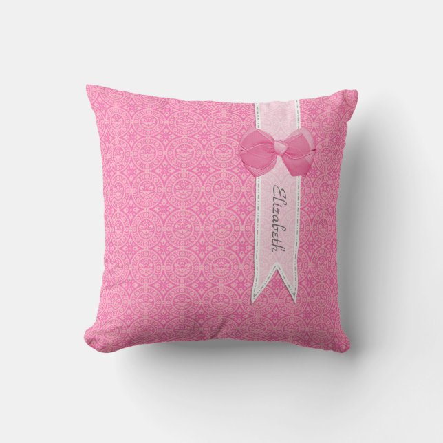 Coussin Joli Médaillon rose Damask Mignonne Bow avec nom (Recto)