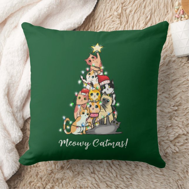 Coussin Joli Meowy Catmas Chats Sapin de Noël Vert (Couverture)