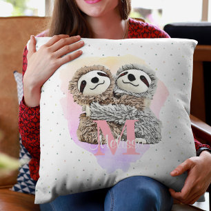 Coussin Joli Monogramme Aquarelle Nom Pink Sloth Hugs