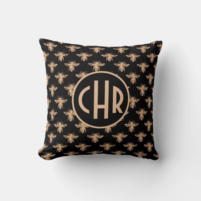 Coussin Joli Monogramme D'Abeille Reine Noir Et Or (Recto)