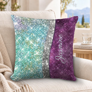 Coussin Joli monogramme iridescent violet sarcelle faux pa